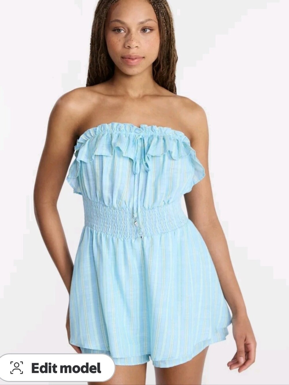 No Boundaries Light Blue Strapless Ruffle Romper
